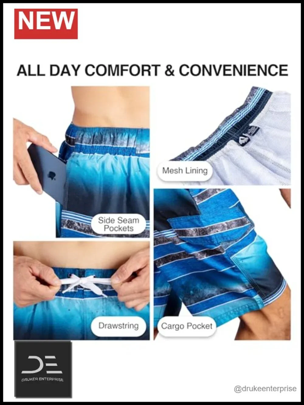 UPF 50+ Quick Dry Microfiber Swim Trunks with Mesh Lining and Pockets